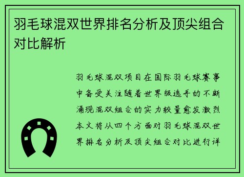 羽毛球混双世界排名分析及顶尖组合对比解析