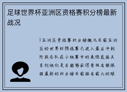 足球世界杯亚洲区资格赛积分榜最新战况